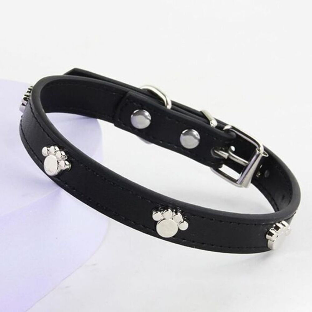 Premium PU Leather Durable Adjustable Dog Collar with Paw Decoration Large